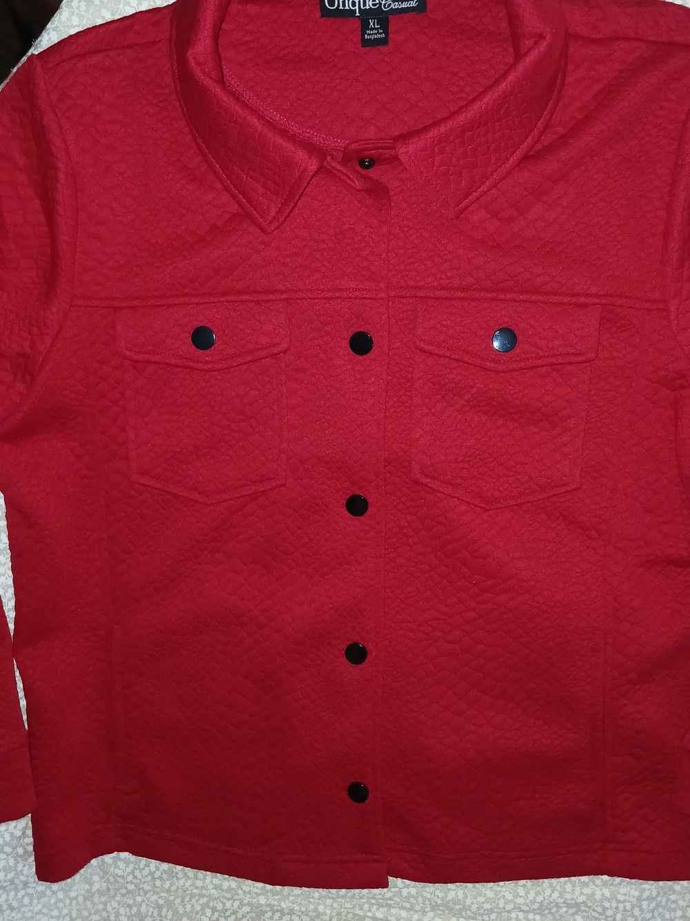 Onque Casuals Womens Red Quilted Button-Front Jacket W/ Pockets And Collar Sz XL